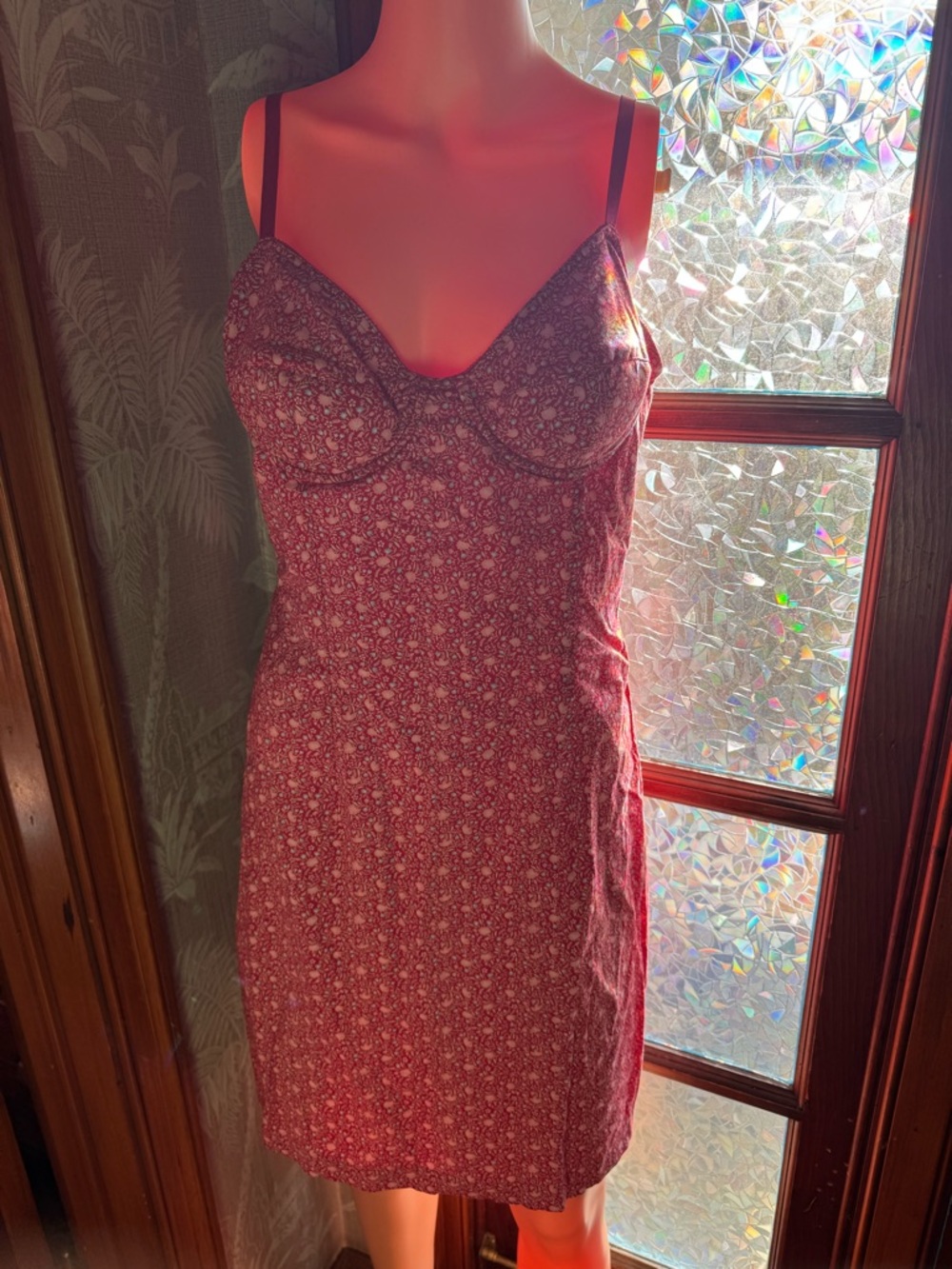 Vintage Express Juniors 13 14 Pink Red Floral Calico Mini Sheath Dress 90s Y2K